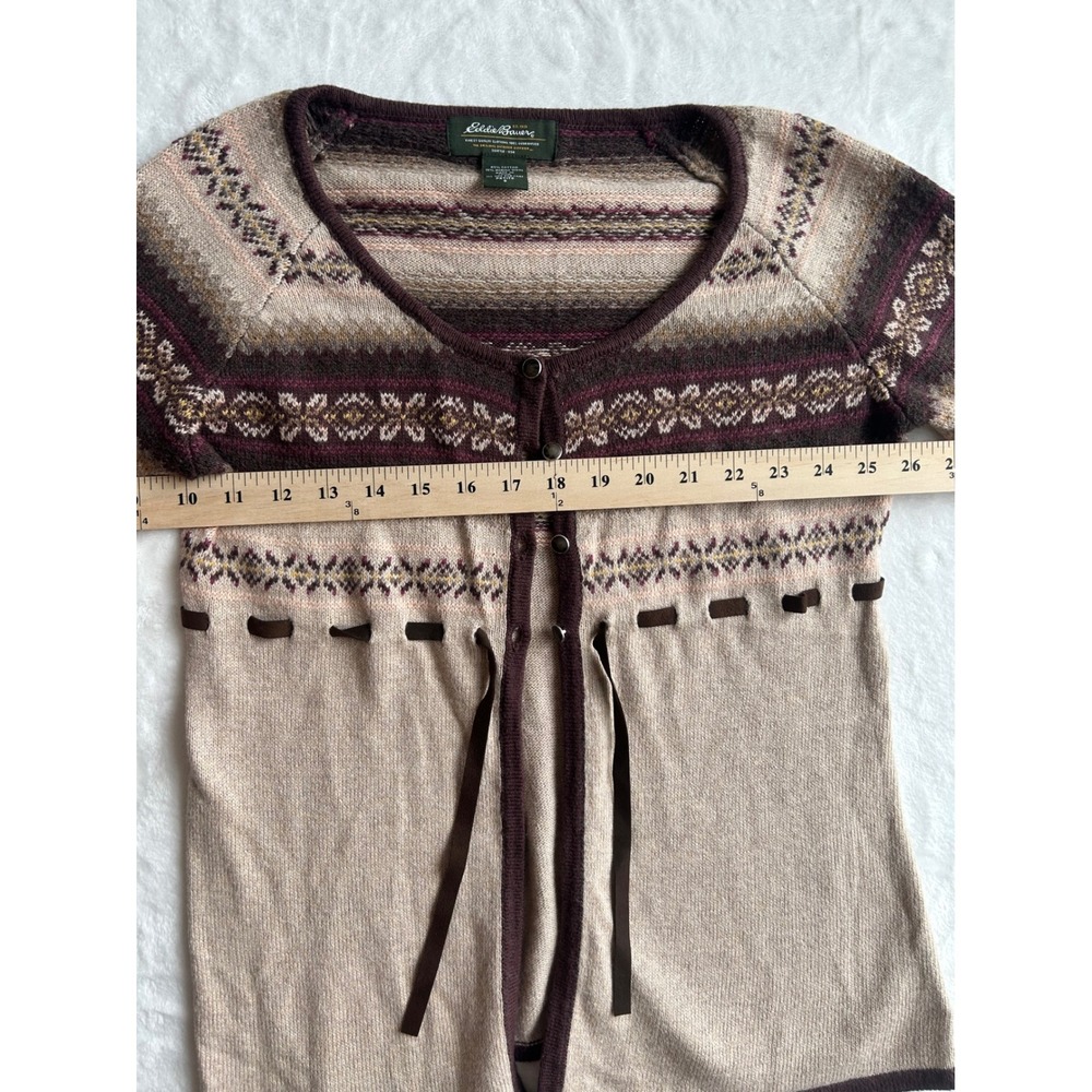 Eddie Bauer Womens Petite Small Fair Isle Cotton Merino Wool Cardigan Tan Brown - Picture 4 of 5